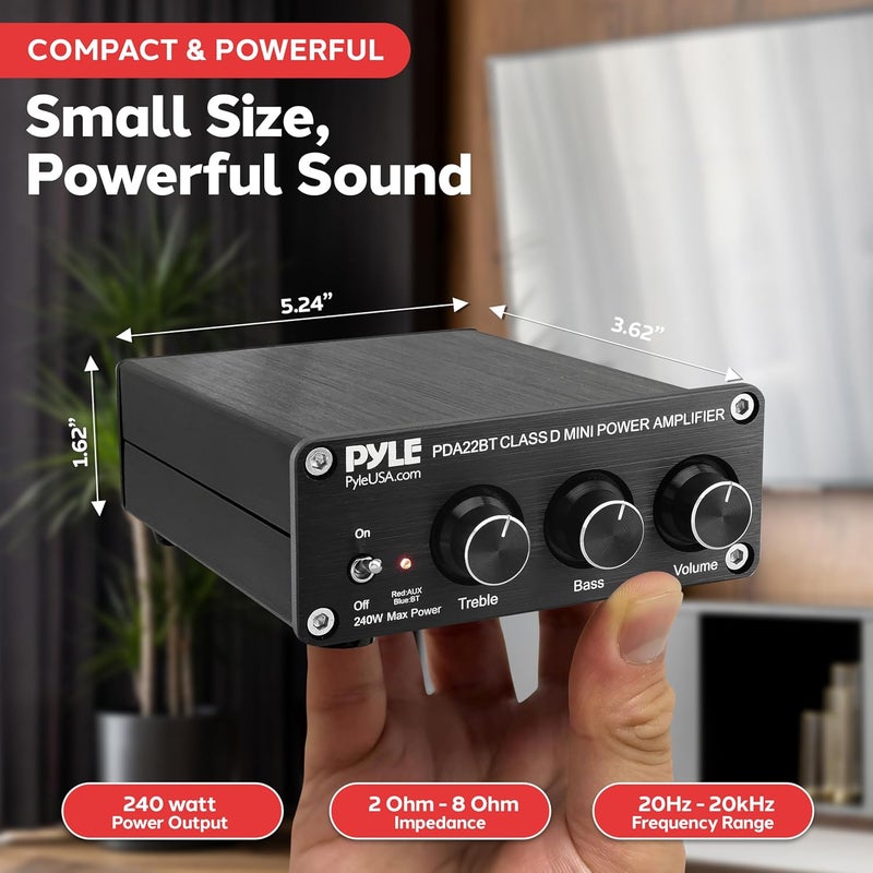Pyle 240W Mini Bluetooth Home Stereo Amplifier - 2 Channel Compact Micro Receiver with Bass & Treble Control Dials - Includes Power Supply - Use with Passive Speakers for Indoor - Garage - Desktop - Image 3